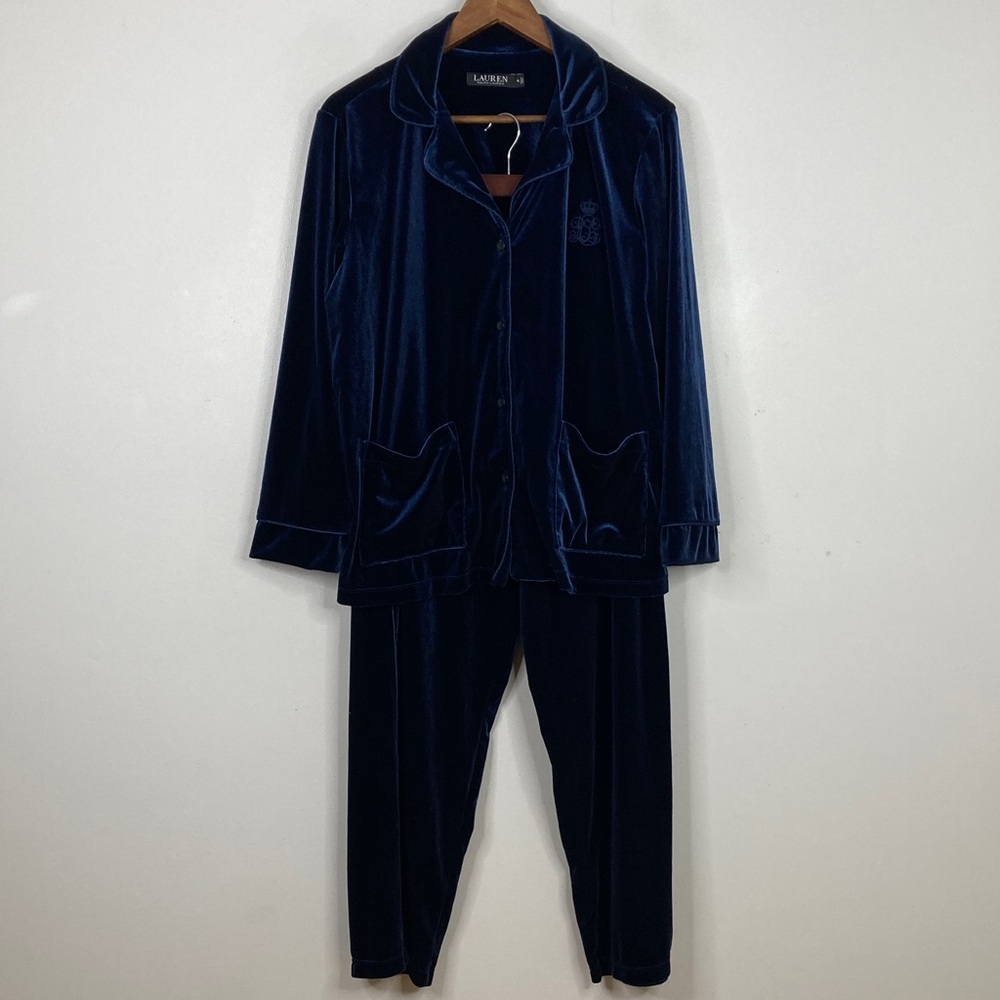 Lauren Ralph Lauren Velvet Sleep Set Womens Large Petite Blue Stretch Pajamas